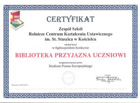 ZSRCKU - Certyfikat „Biblioteka przyjazna uczniowi”